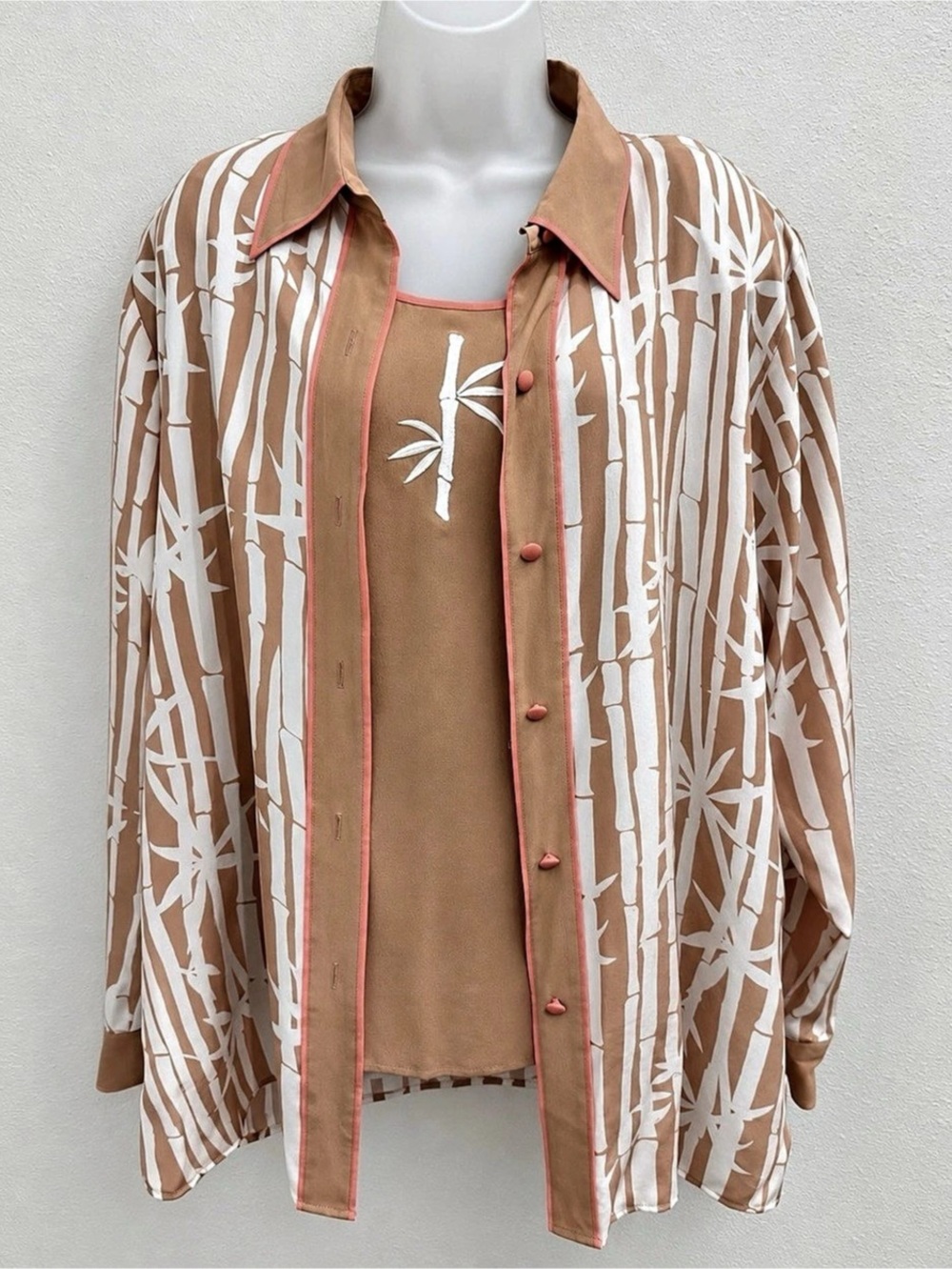Bob Mackie Wearable Art Silk 2 Piece Set Large Bamboo Print Tank Blouse
